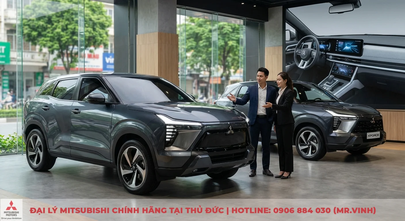 Destinator 2026 có gì mới – công nghệ định vị trên xe Mitsubishi 4 Hai chiếc SUV Mitsubishi Xforce màu xám trong showroom xe hơi, hai nhân viên đang giới thiệu xe và màn hình nội thất ô tô