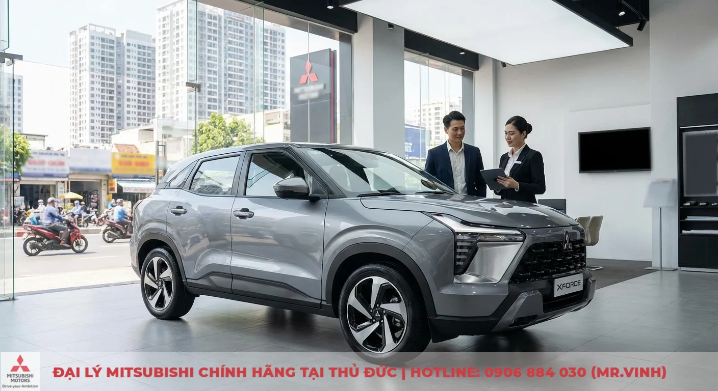 So sánh Destinator 2026 và Corolla Cross: Giá, trang bị, an toàn 1 Showroom xe hơi với SUV Mitsubishi XFORCE màu xám, nhân viên bán hàng và khách hàng xem xe, cảnh đường phố bên ngoài