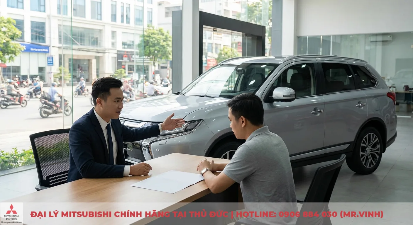 So sánh Destinator 2026 và Corolla Cross: Giá, trang bị, an toàn 3 Hai người đàn ông ngồi tại bàn gỗ trong showroom ô tô, nhân viên tư vấn đang giới thiệu chiếc SUV màu bạc cho khách hàng