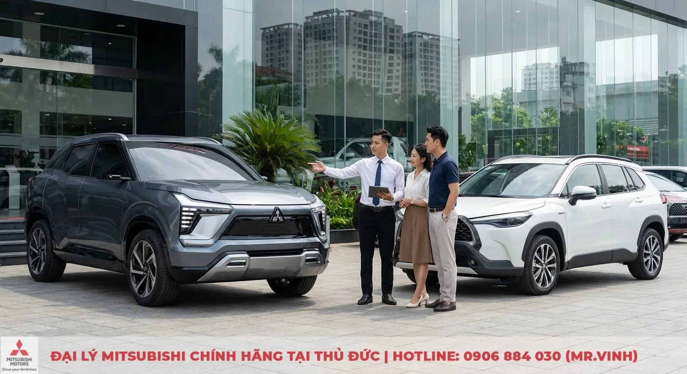 So sánh Destinator 2026 và Corolla Cross: Giá, trang bị, an toàn 4 Nhân viên tư vấn chỉ vào SUV Destinator 2026 màu xám cạnh Corolla Cross trắng trước showroom kính, cặp đôi đang xem xe