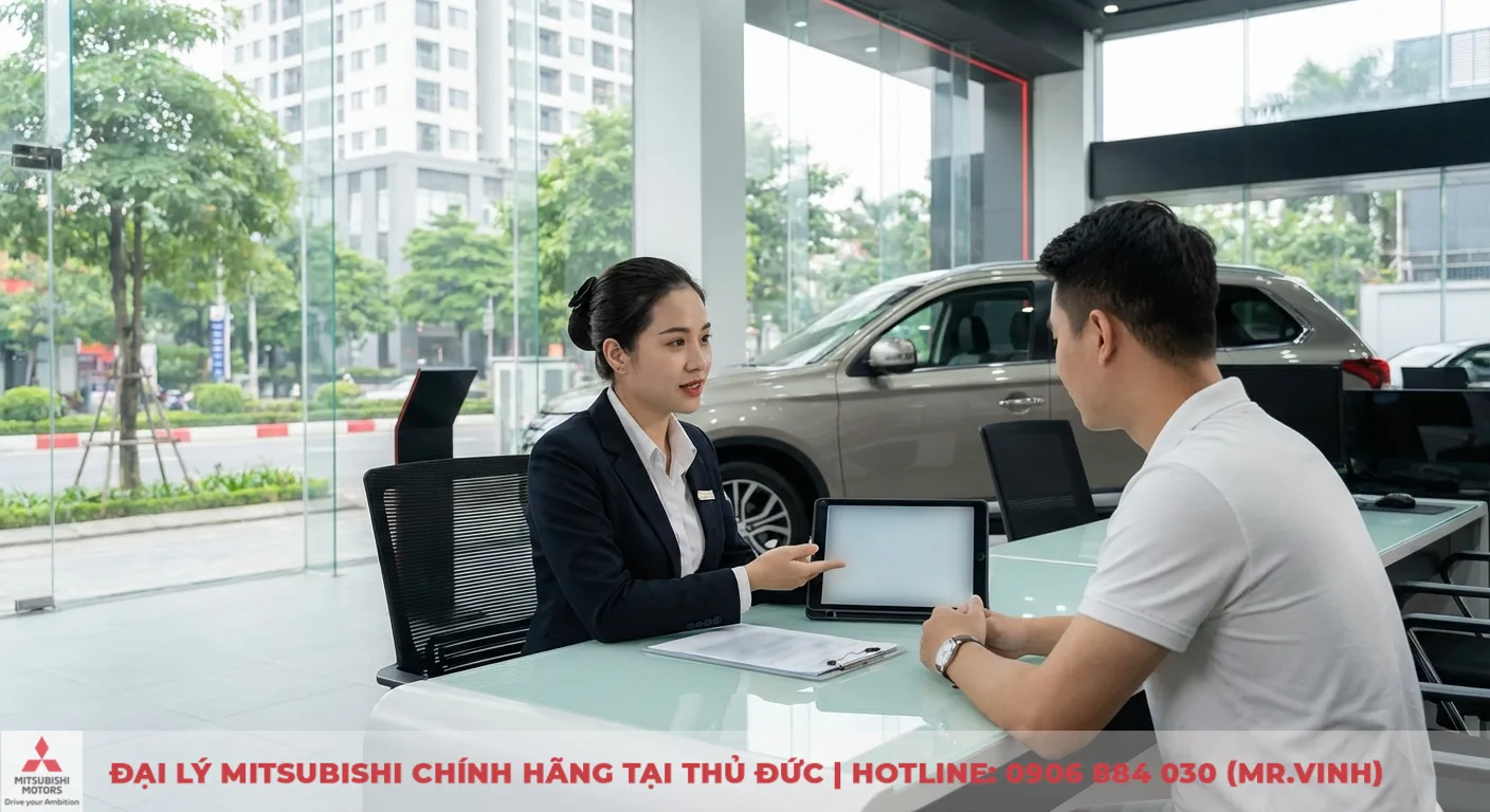 So sánh Destinator 2026 và Corolla Cross: Giá, trang bị, an toàn 5 Một nữ tư vấn viên xe hơi đang trao đổi với khách hàng nam tại bàn làm việc trong showroom, chỉ vào máy tính bảng