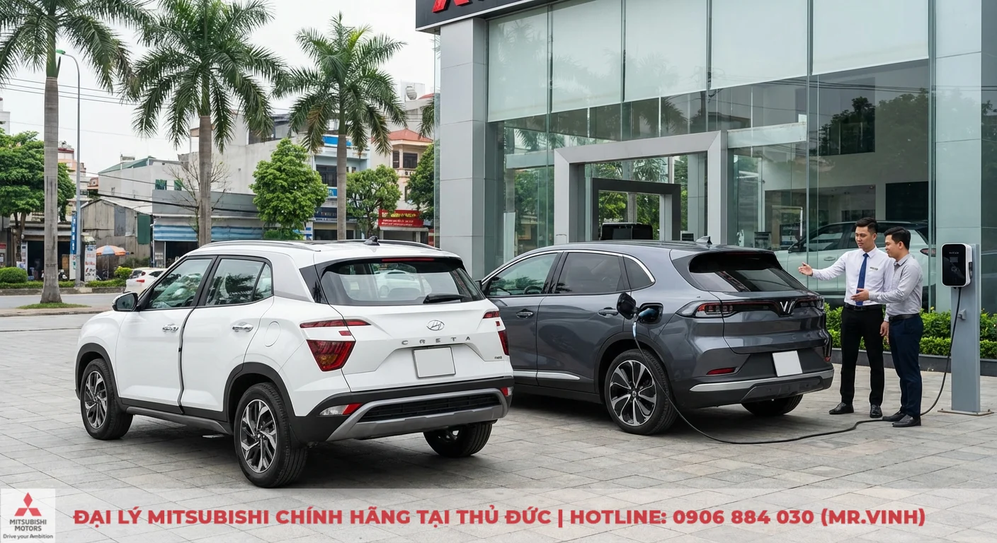 Hai chiếc &ocirc; t&ocirc; SUV, Hyundai Creta m&agrave;u trắng v&agrave; VinFast m&agrave;u x&aacute;m đang sạc điện, c&ugrave;ng hai người đ&agrave;n &ocirc;ng trước showroom xe hơi