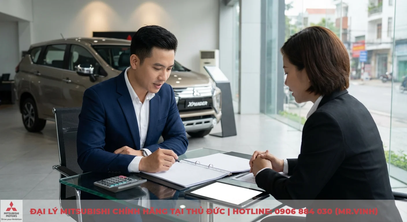 Hai người đang tư vấn giao dịch tại b&agrave;n k&iacute;nh trong showroom &ocirc; t&ocirc; c&oacute; xe Xpander, c&ugrave;ng t&agrave;i liệu, m&aacute;y t&iacute;nh bảng v&agrave; m&aacute;y t&iacute;nh cầm tay