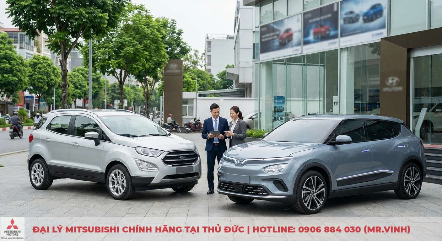 Destinator 2026 vs Seltos: So sánh Seltos và đối thủ cùng phân khúc 1 Hai chiếc SUV Ford EcoSport bạc và VinFast VF 5 Plus xám đỗ trước showroom Hyundai, hai người xem máy tính bảng giữa xe