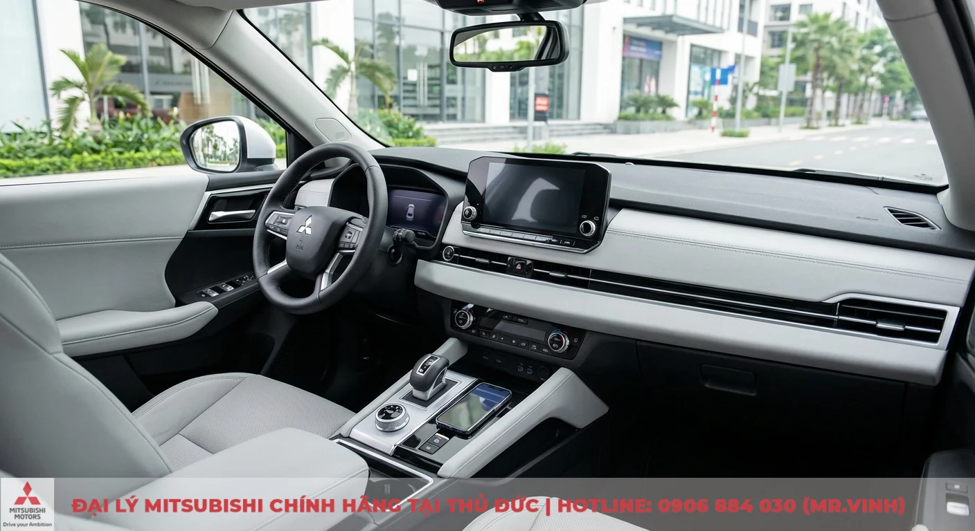 Destinator 2026 vs Seltos: So sánh Seltos và đối thủ cùng phân khúc 3 Nội thất xe hơi màu trắng xám với vô lăng Mitsubishi, màn hình cảm ứng trung tâm lớn, sạc không dây và cần số điện tử