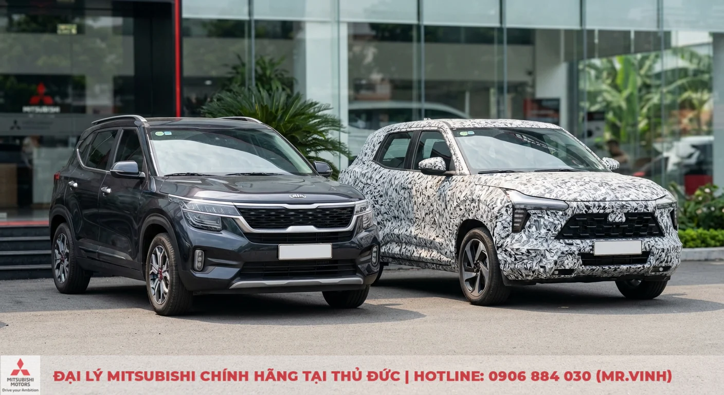 Destinator 2026 vs Seltos: So sánh Seltos và đối thủ cùng phân khúc 4 Xe SUV Kia Seltos màu xám bên trái và một xe SUV khác được ngụy trang màu trắng đen bên phải, đỗ trước một tòa nhà kính