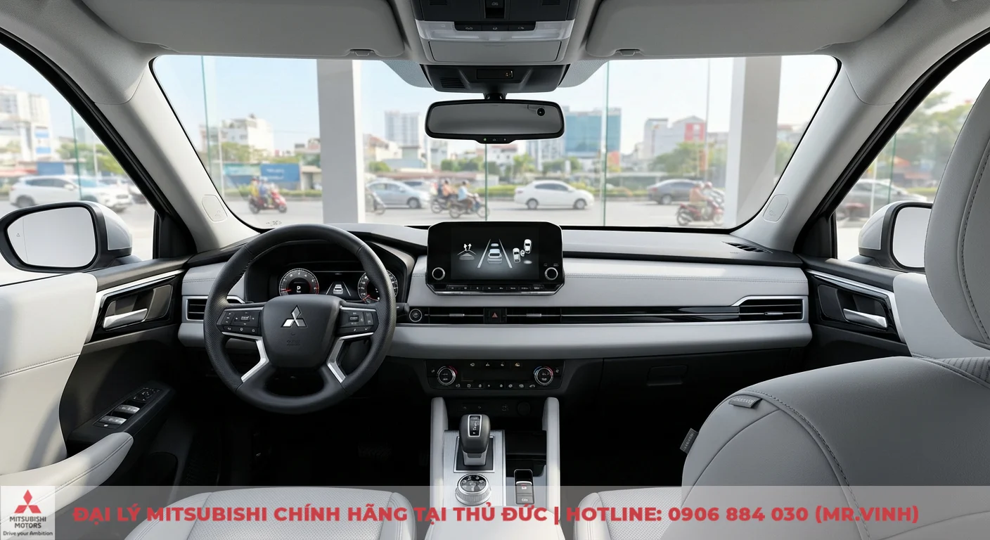 Destinator 2026 vs Seltos: So sánh Seltos và đối thủ cùng phân khúc 5 Nội thất xe hơi Mitsubishi tông màu xám sáng, có vô lăng, bảng điều khiển và màn hình hiển thị hệ thống hỗ trợ lái