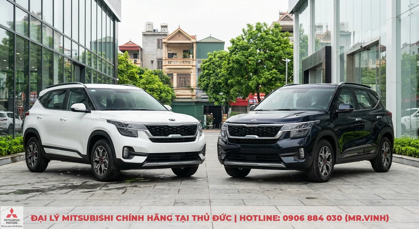 Destinator 2026 vs Seltos: So sánh Seltos và đối thủ cùng phân khúc 7 Hai xe Kia Seltos màu trắng và đen đỗ đối diện trên nền lát gạch, phía sau là tòa nhà kính hiện đại và kiến trúc truyền thống