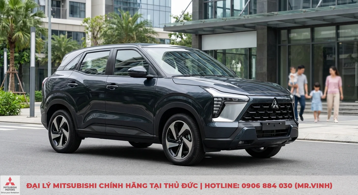 Xe SUV Mitsubishi Xforce m&agrave;u x&aacute;m đậm đậu tr&ecirc;n đường phố hiện đại với kiến tr&uacute;c đ&ocirc; thị v&agrave; gia đ&igrave;nh đang đi bộ