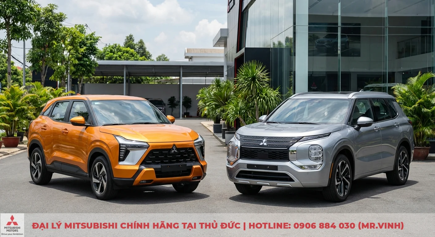 Hai xe SUV Mitsubishi Xforce bạc v&agrave; Destinator 2026 cam đỗ tr&ecirc;n đường nhựa, trưng b&agrave;y ngoại thất tại showroom