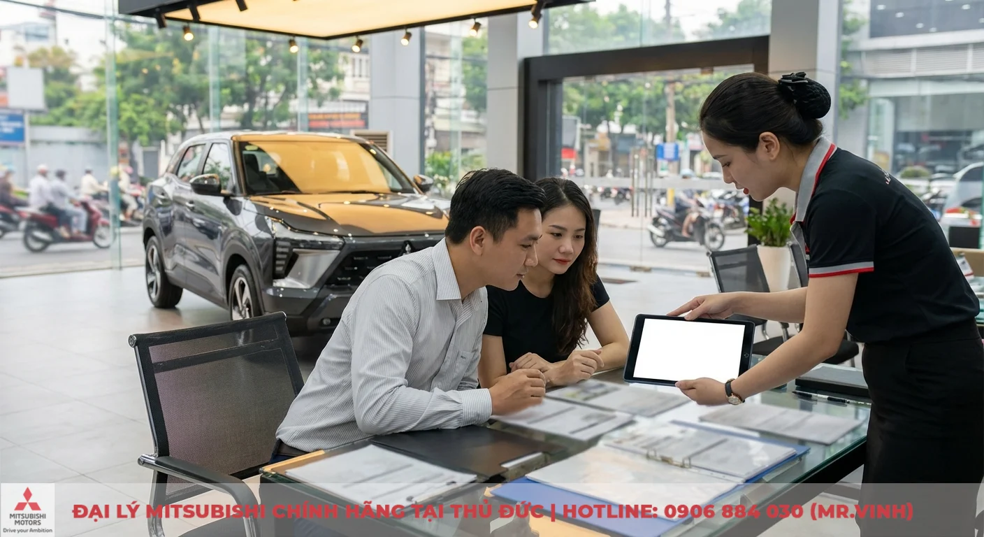 Nh&acirc;n vi&ecirc;n showroom giới thiệu xe SUV Xforce tr&ecirc;n m&aacute;y t&iacute;nh bảng cho cặp đ&ocirc;i xem t&agrave;i liệu tại b&agrave;n trong cửa h&agrave;ng