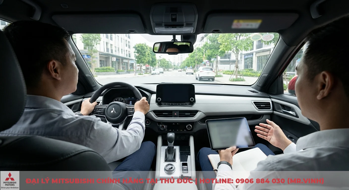 Nội thất xe &ocirc; t&ocirc; Mitsubishi với t&agrave;i xế cầm v&ocirc; lăng v&agrave; h&agrave;nh kh&aacute;ch cầm m&aacute;y t&iacute;nh bảng, sổ tay, nh&igrave;n ra đường phố