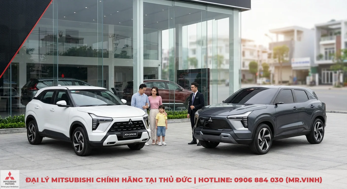Hai chiếc SUV Mitsubishi m&agrave;u trắng X-FORCE v&agrave; m&agrave;u x&aacute;m đỗ ngo&agrave;i showroom, c&oacute; gia đ&igrave;nh v&agrave; nh&acirc;n vi&ecirc;n b&aacute;n h&agrave;ng đứng cạnh