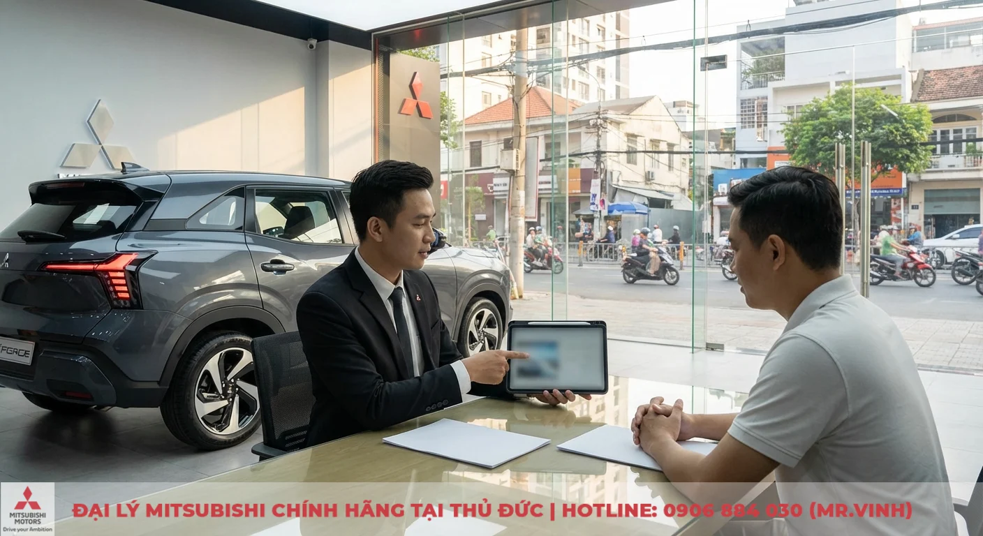 Hai người đ&agrave;n &ocirc;ng, một nh&acirc;n vi&ecirc;n b&aacute;n h&agrave;ng chỉ v&agrave;o m&aacute;y t&iacute;nh bảng tư vấn kh&aacute;ch h&agrave;ng tại b&agrave;n trong showroom Mitsubishi S&agrave;i G&ograve;n 3S cạnh chiếc SUV Xforce m&agrave;u x&aacute;m