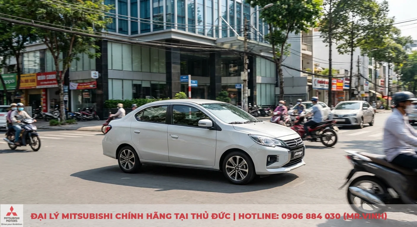 Attrage 2026 m&agrave;u trắng đang tự tin vận h&agrave;nh trong giao th&ocirc;ng đ&ocirc; thị đ&ocirc;ng đ&uacute;c, mang lại trải nghiệm l&aacute;i linh hoạt