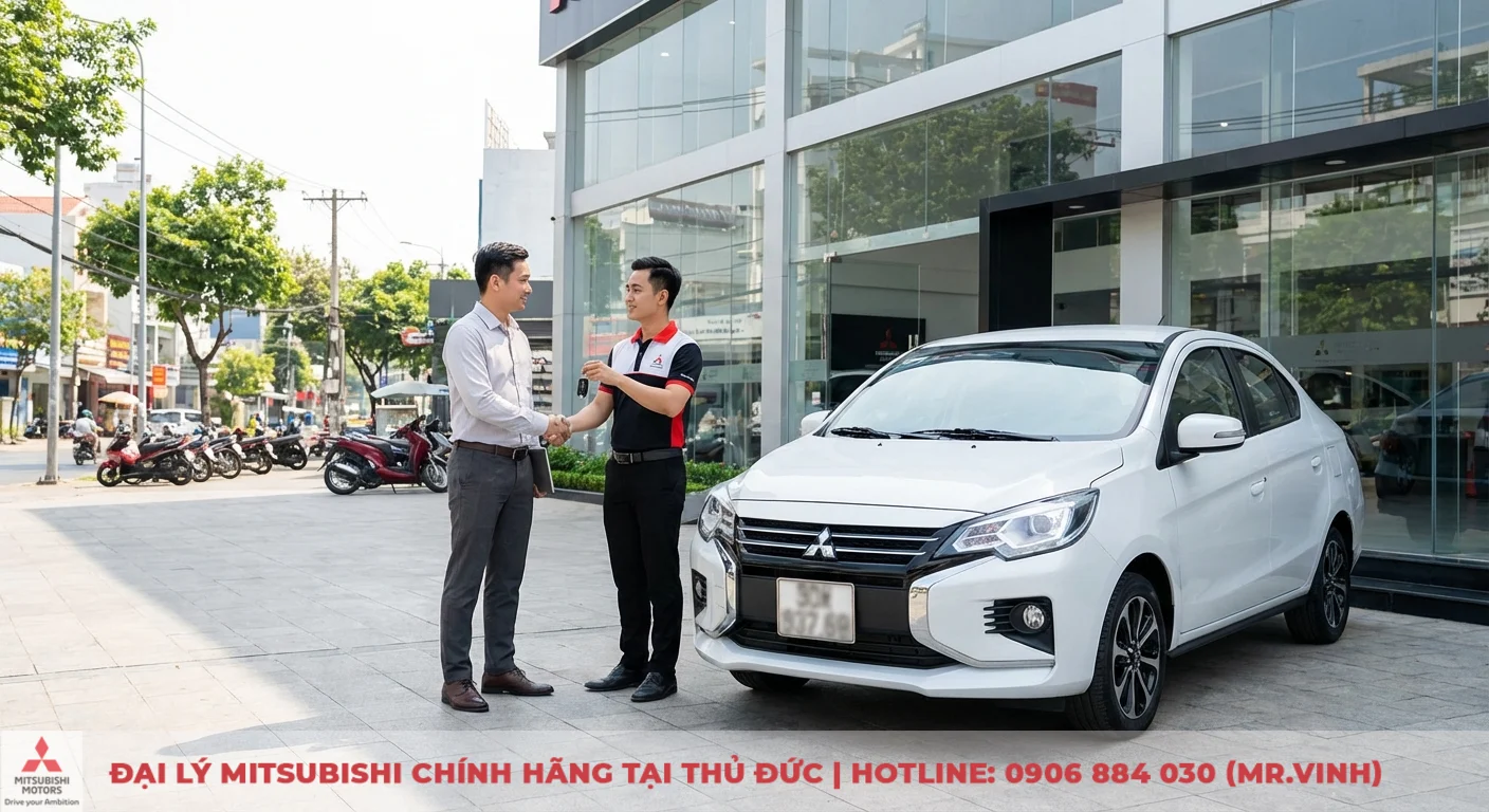 Kh&aacute;ch h&agrave;ng nhận ch&igrave;a kh&oacute;a xe Mitsubishi Attrage 2026 từ nh&acirc;n vi&ecirc;n, chuẩn bị l&aacute;i thử tại Mitsubishi Saigon 3S