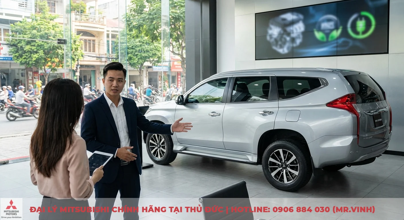 Showroom xe hơi Mitsubishi với nh&acirc;n vi&ecirc;n tư vấn đang giới thiệu SUV bạc cho kh&aacute;ch, m&agrave;n h&igrave;nh lớn hiển thị động cơ v&agrave; c&ocirc;ng nghệ xanh 2026