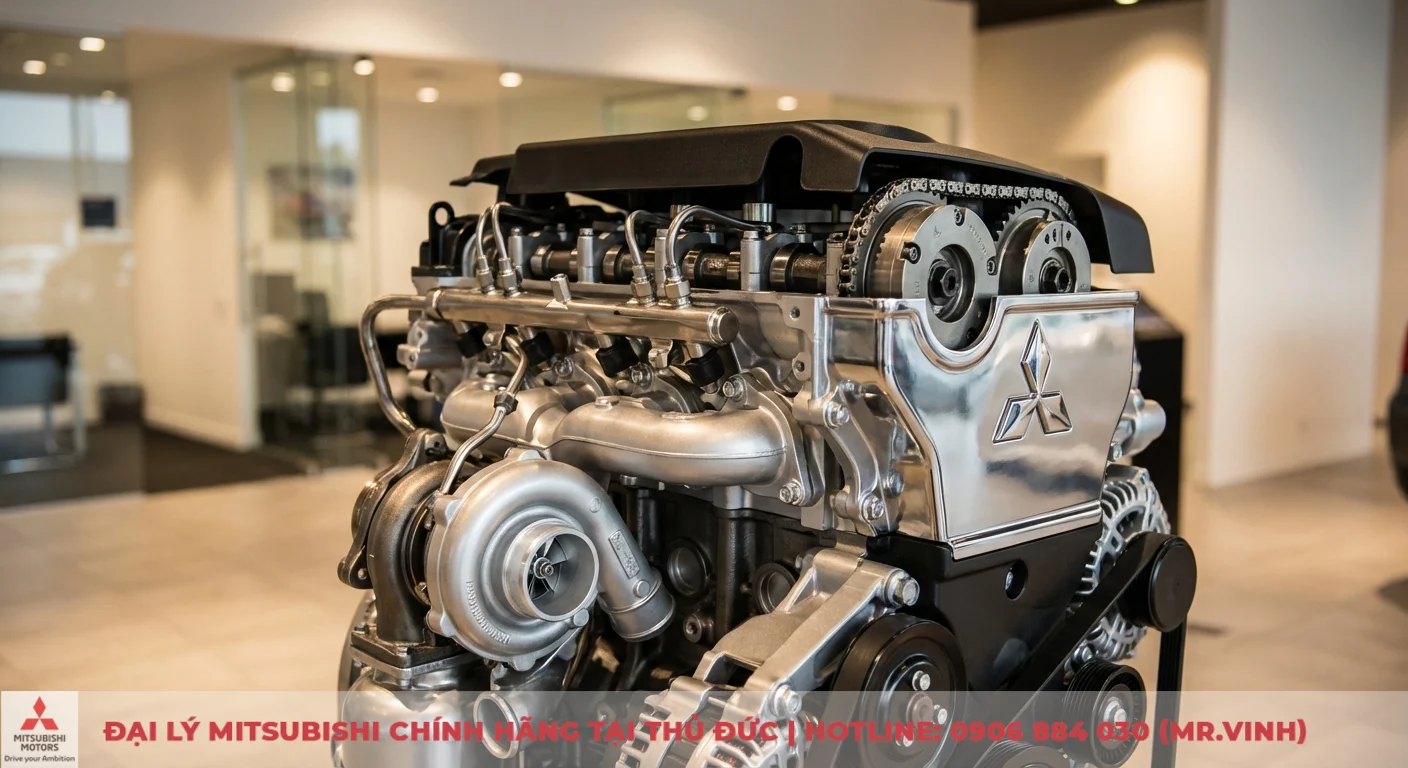 Động cơ &ocirc; t&ocirc; cắt ngang với chi tiết d&acirc;y cam, trục cam, bộ tăng &aacute;p v&agrave; hệ thống phun nhi&ecirc;n liệu trực tiếp, c&oacute; logo Mitsubishi nổi bật