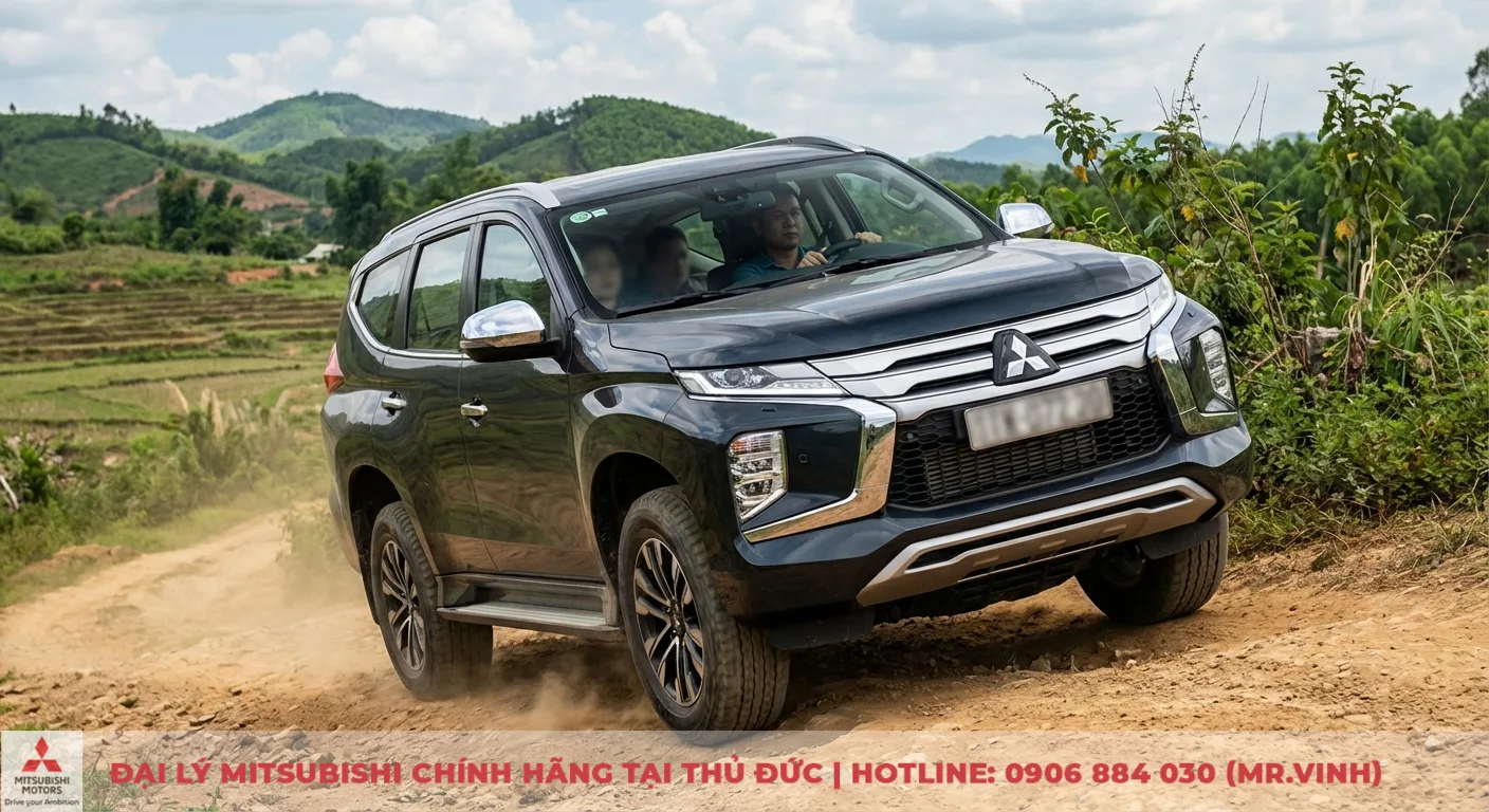 Xe SUV Mitsubishi m&agrave;u đen chở ba người đang vượt địa h&igrave;nh đồi n&uacute;i tr&ecirc;n đường đất gồ ghề, bụi tung l&ecirc;n, thể hiện khả năng leo dốc của xe
