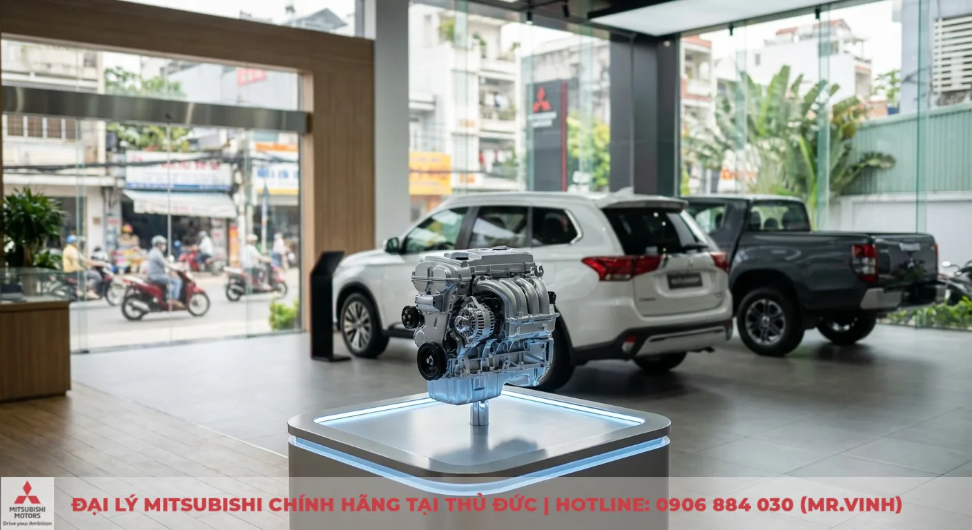 M&ocirc; h&igrave;nh động cơ Destinator 2026 hiện đại tr&ecirc;n bệ ph&aacute;t s&aacute;ng trong showroom Mitsubishi, ph&iacute;a sau l&agrave; SUV trắng, b&aacute;n tải đen v&agrave; đường phố Việt Nam đ&ocirc;ng đ&uacute;c