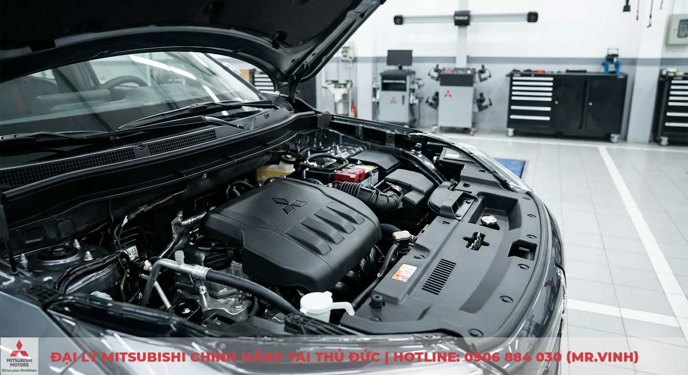 Động cơ Xforce 2026 MIVEC 1.5L trong khoang m&aacute;y mở, sẵn s&agrave;ng kiểm tra hiệu suất vận h&agrave;nh