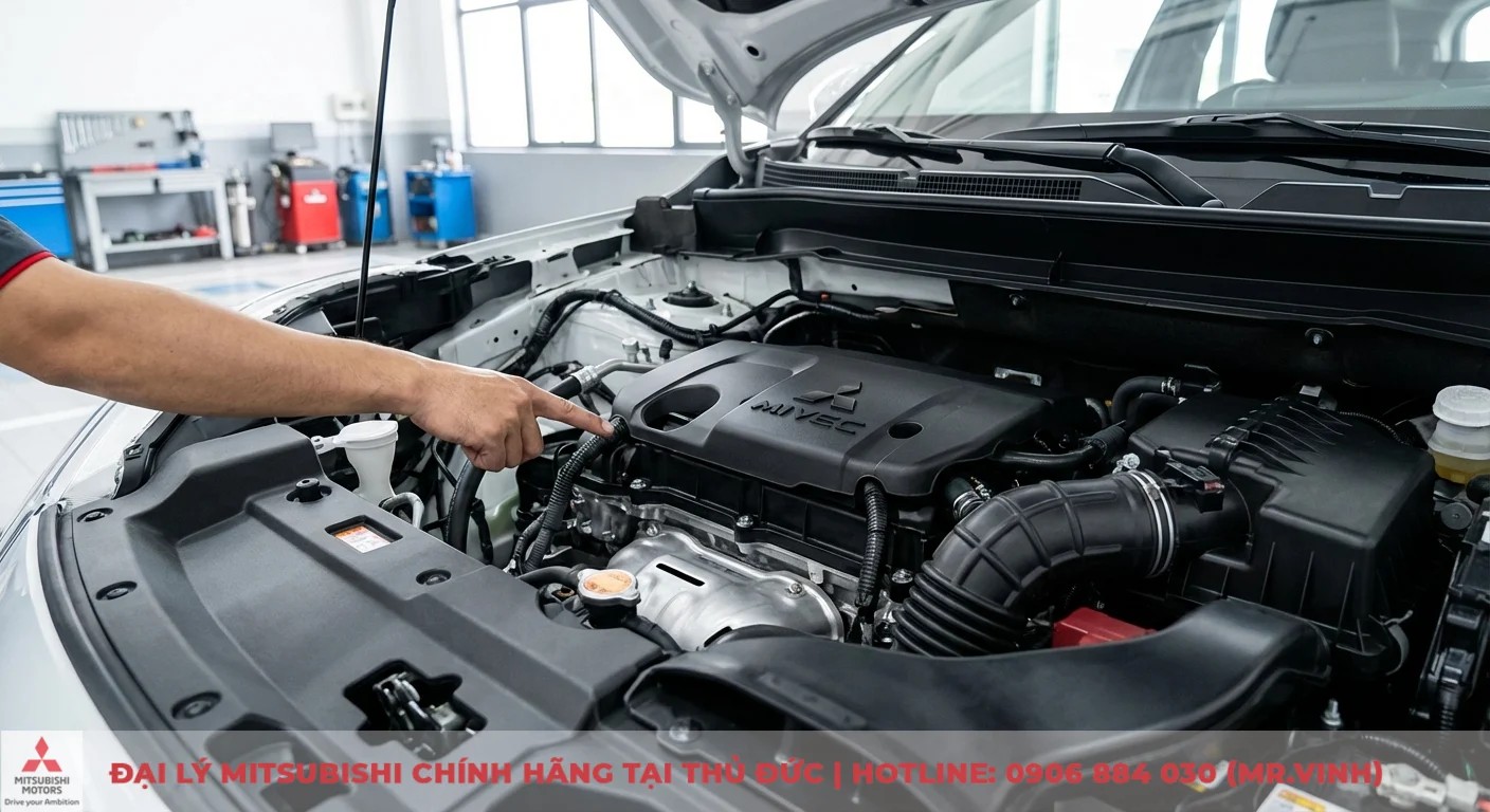 Động cơ MIVEC của xe Mitsubishi được kỹ thuật vi&ecirc;n chỉ dẫn, giải th&iacute;ch khả năng tối ưu hiệu suất v&agrave; tiết kiệm nhi&ecirc;n liệu