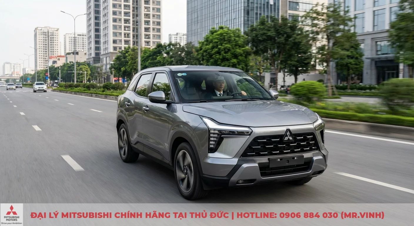 Mitsubishi Xforce 2026 đang vận h&agrave;nh mượt m&agrave; tr&ecirc;n đường phố, thể hiện hiệu suất v&agrave; chế độ l&aacute;i linh hoạt