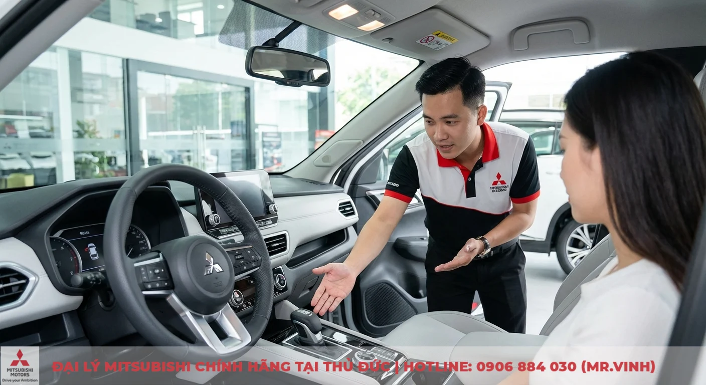 Nh&acirc;n vi&ecirc;n Mitsubishi Saigon 3S tư vấn chi tiết nội thất chiếc SUV Xforce 2026, cung cấp c&aacute;i nh&igrave;n to&agrave;n diện tiện nghi