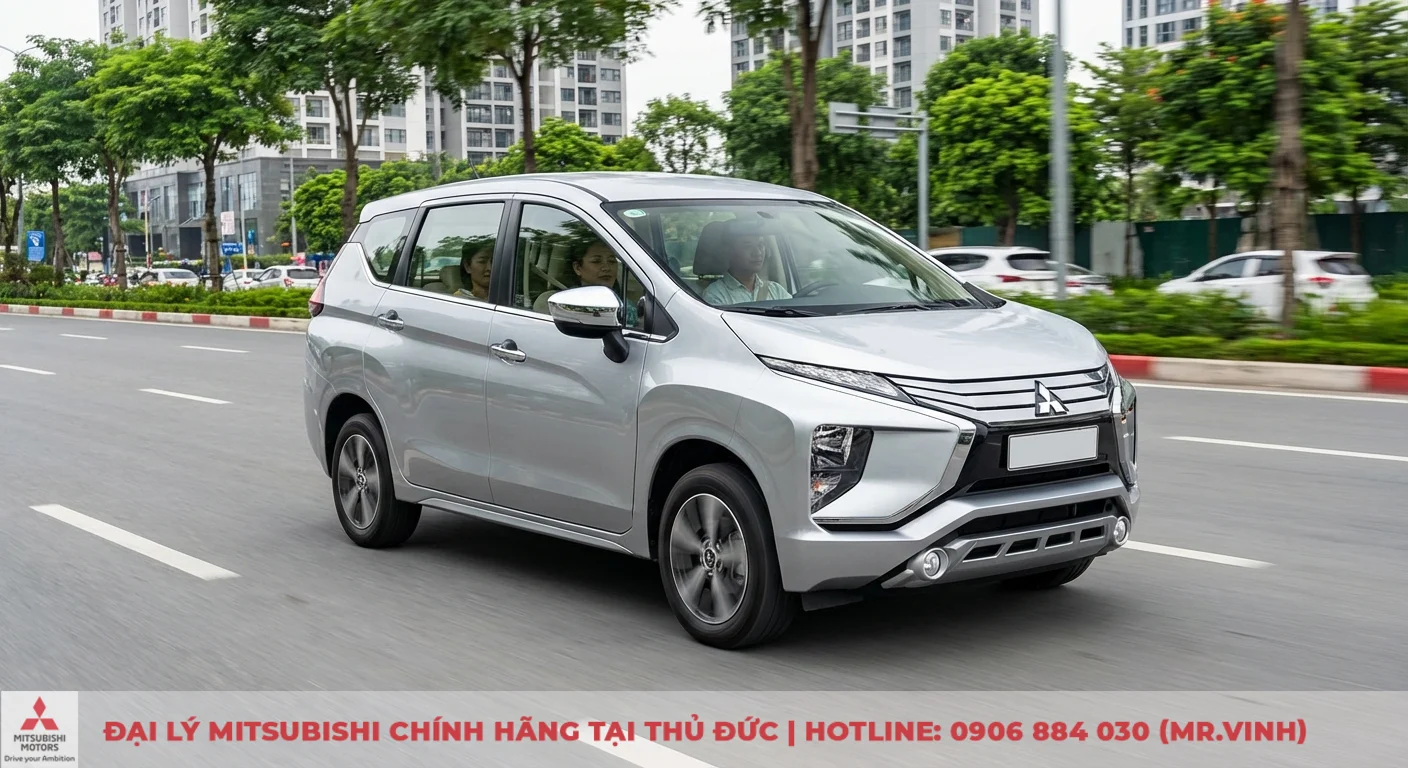 Mitsubishi Xpander bạc chở kh&aacute;ch di chuyển &ecirc;m &aacute;i, minh họa động cơ MIVEC vận h&agrave;nh linh hoạt cho gia đ&igrave;nh