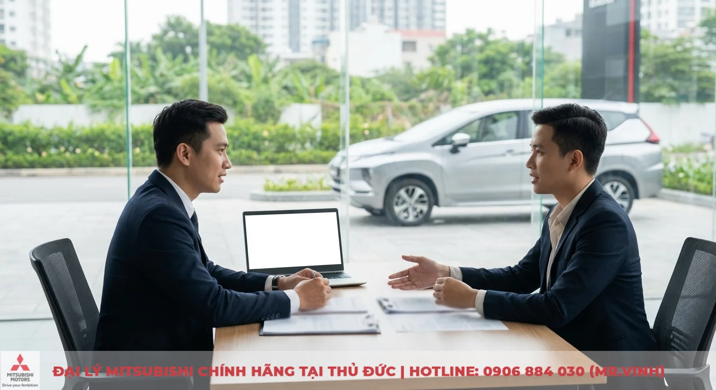 Kh&aacute;ch h&agrave;ng v&agrave; chuy&ecirc;n vi&ecirc;n tư vấn Mitsubishi Xpander 2026 đang thảo luận về động cơ v&agrave; so s&aacute;nh c&aacute;c phi&ecirc;n bản tại showroom