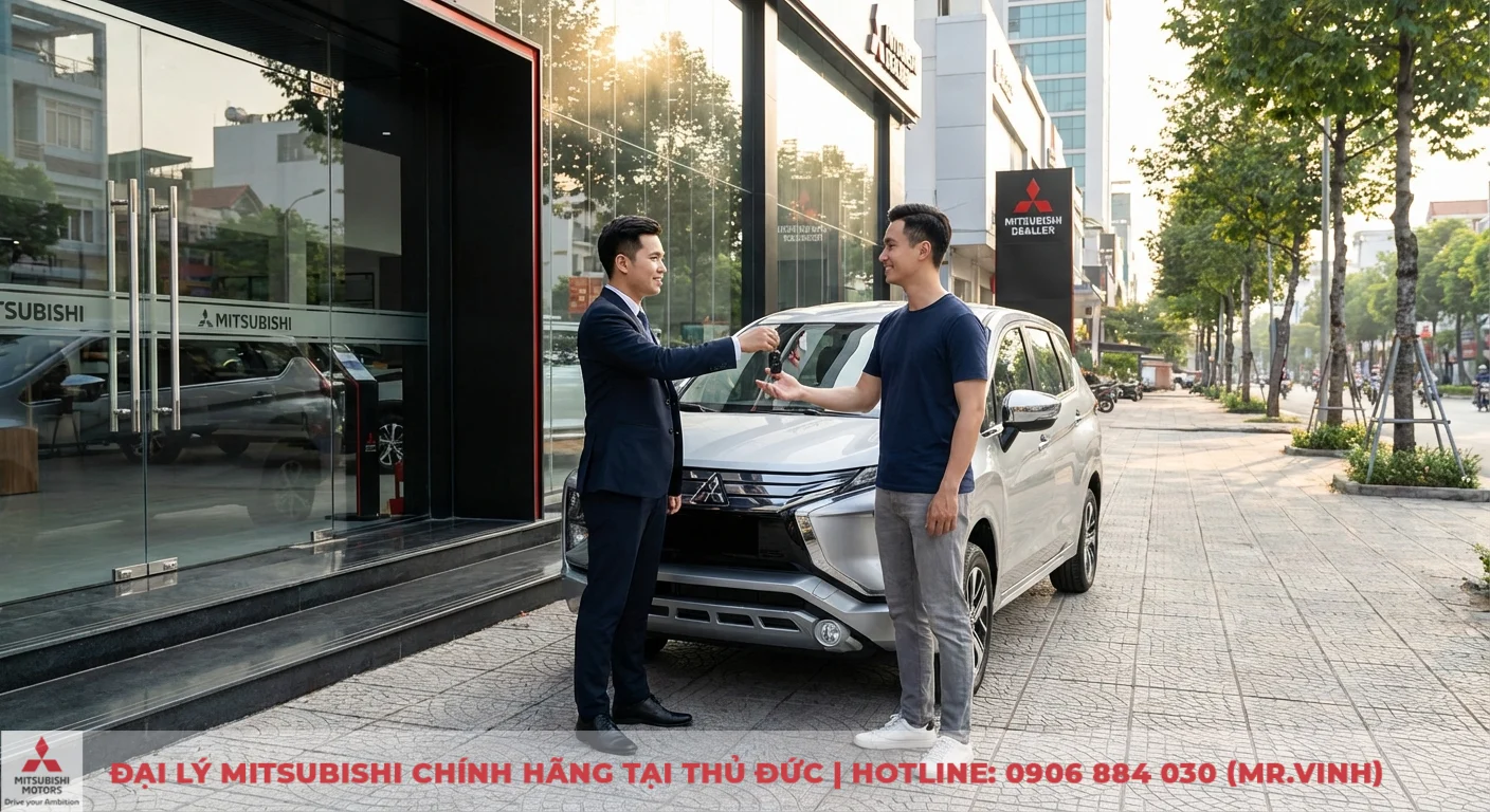 Kh&aacute;ch h&agrave;ng nhận b&agrave;n giao ch&igrave;a kh&oacute;a Mitsubishi Xpander 2026 để trải nghiệm tại Mitsubishi Saigon 3S