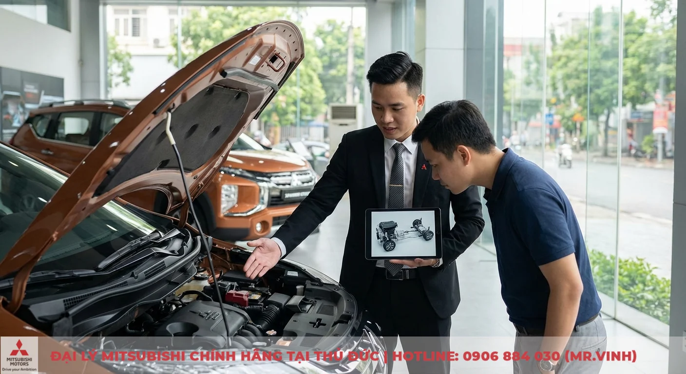 Động cơ Xpander Cross 2026: Thông số, công suất và hộp số CVT 1 Nhân viên bán hàng giới thiệu động cơ Xpander Cross, thông số và công nghệ cốt lõi qua động cơ thực tế và máy tính bảng