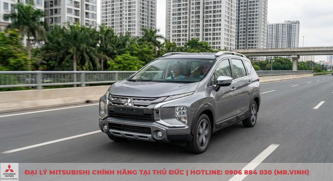 Động cơ Xpander Cross 2026: Thông số, công suất và hộp số CVT 2 Mitsubishi Xpander Cross 2026 màu xám vận hành êm ái trên đường, trải nghiệm thực tế tại đô thị và đường trường