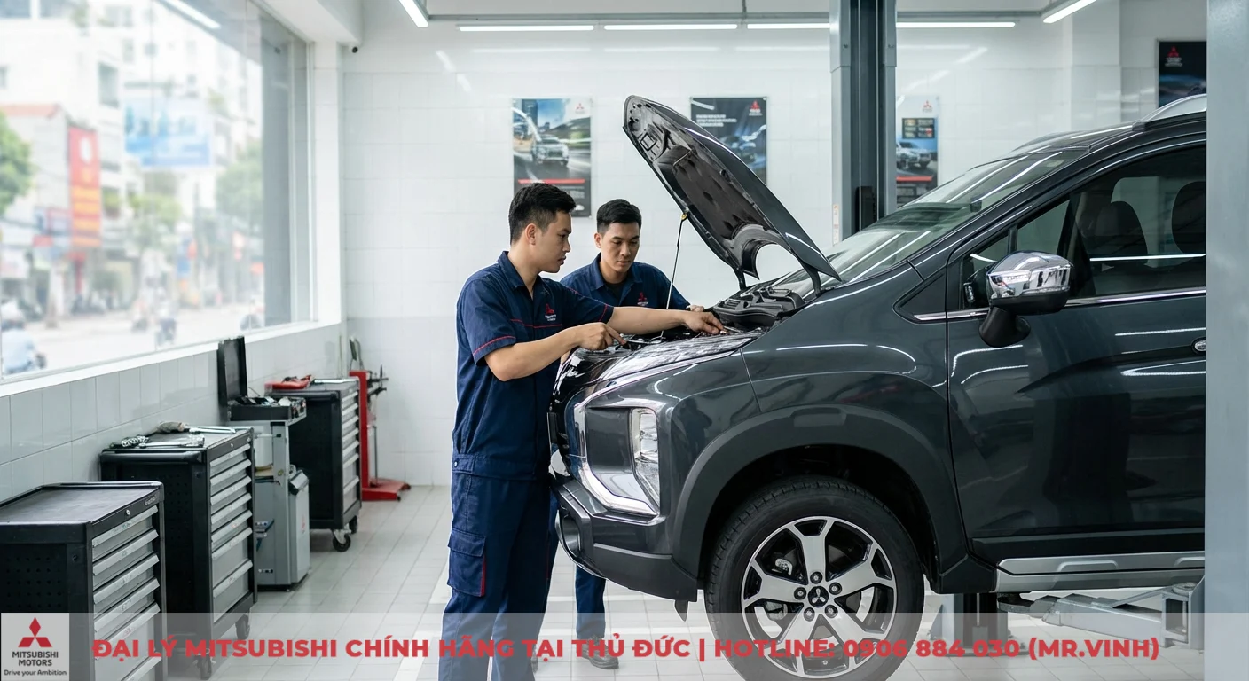 Động cơ Xpander Cross 2026: Thông số, công suất và hộp số CVT 4 Kỹ thuật viên kiểm tra động cơ xe Mitsubishi Xpander Cross, đảm bảo công nghệ MIVEC và phun nhiên liệu hoạt động tối ưu