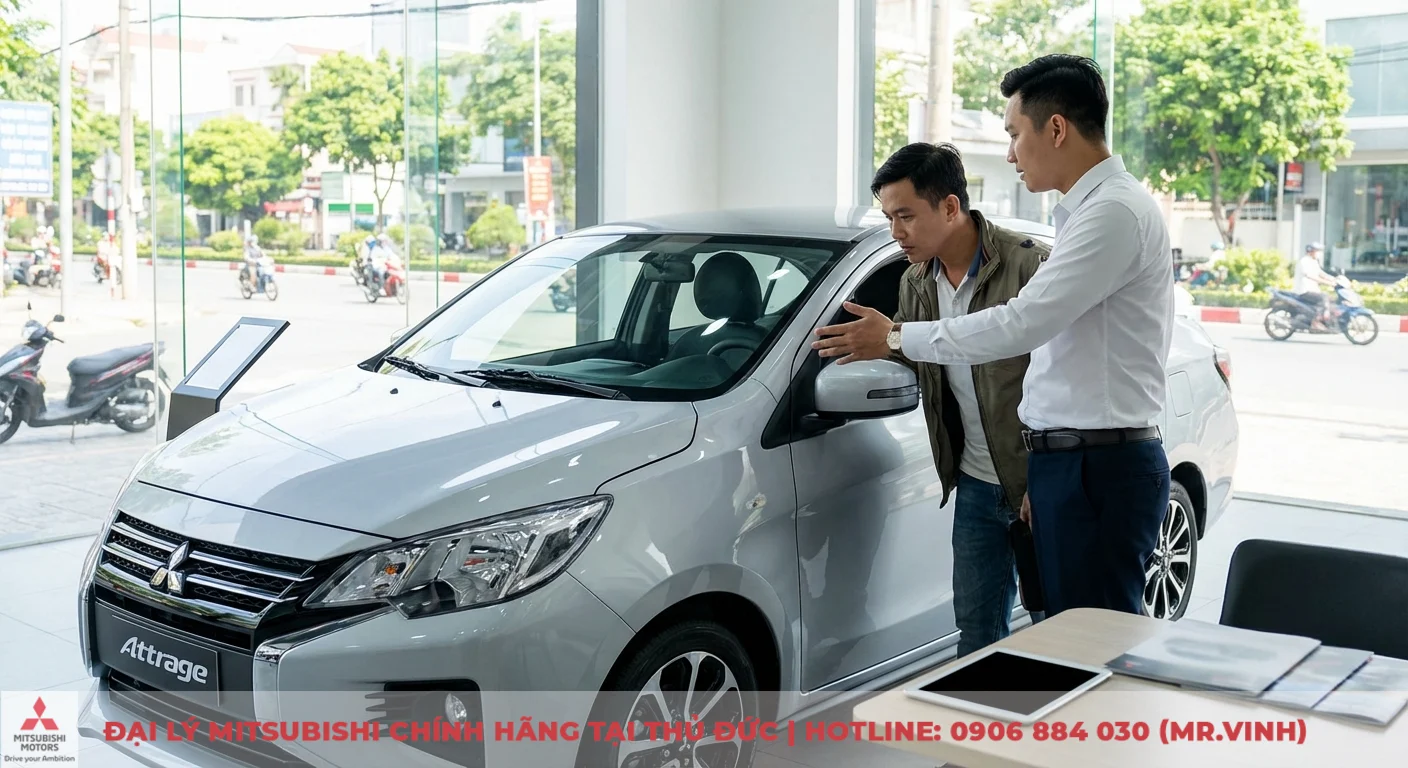 FAQ Attrage 2026: Giá bao nhiêu, lăn bánh, trả góp và khuyến mãi 1 Khách hàng được tư vấn về thiết kế và công nghệ của Mitsubishi Attrage mới tại đại lý xe