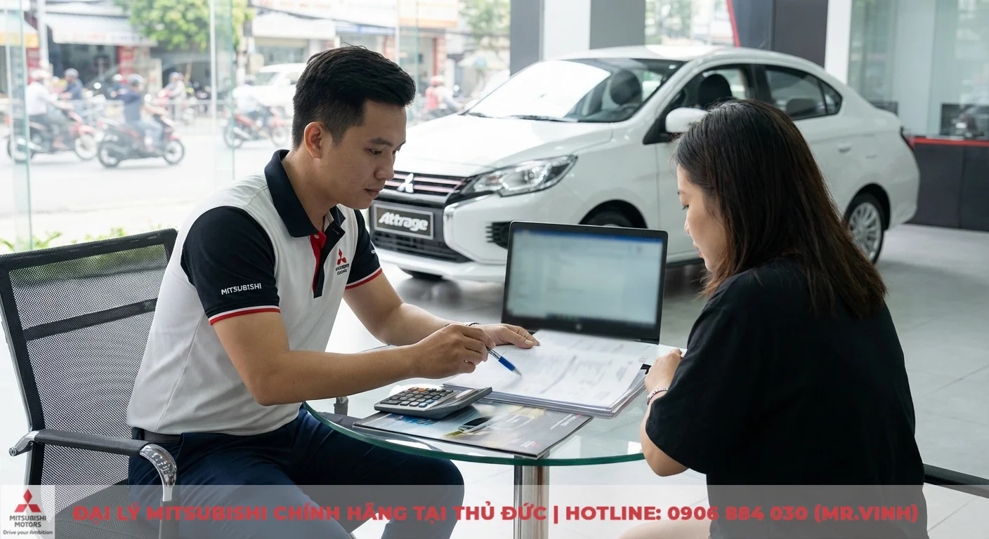 FAQ Attrage 2026: Giá bao nhiêu, lăn bánh, trả góp và khuyến mãi 2 Khách hàng và nhân viên đại lý Mitsubishi Attrage đang thảo luận chi phí lăn bánh xe tại TP.HCM