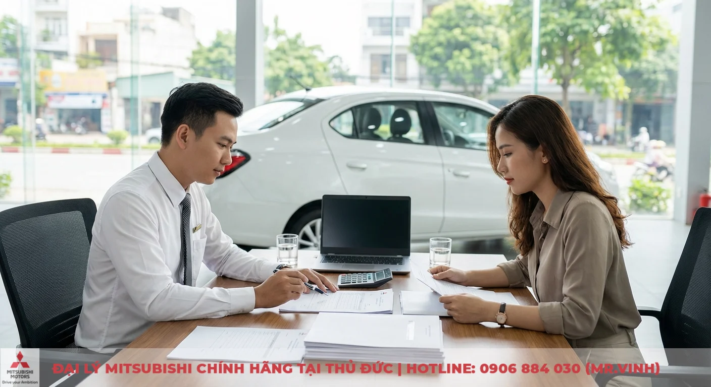 FAQ Attrage 2026: Giá bao nhiêu, lăn bánh, trả góp và khuyến mãi 3 Khách hàng và nhân viên tư vấn đang xem xét thủ tục hồ sơ mua xe Attrage 2026 trả góp tại showroom