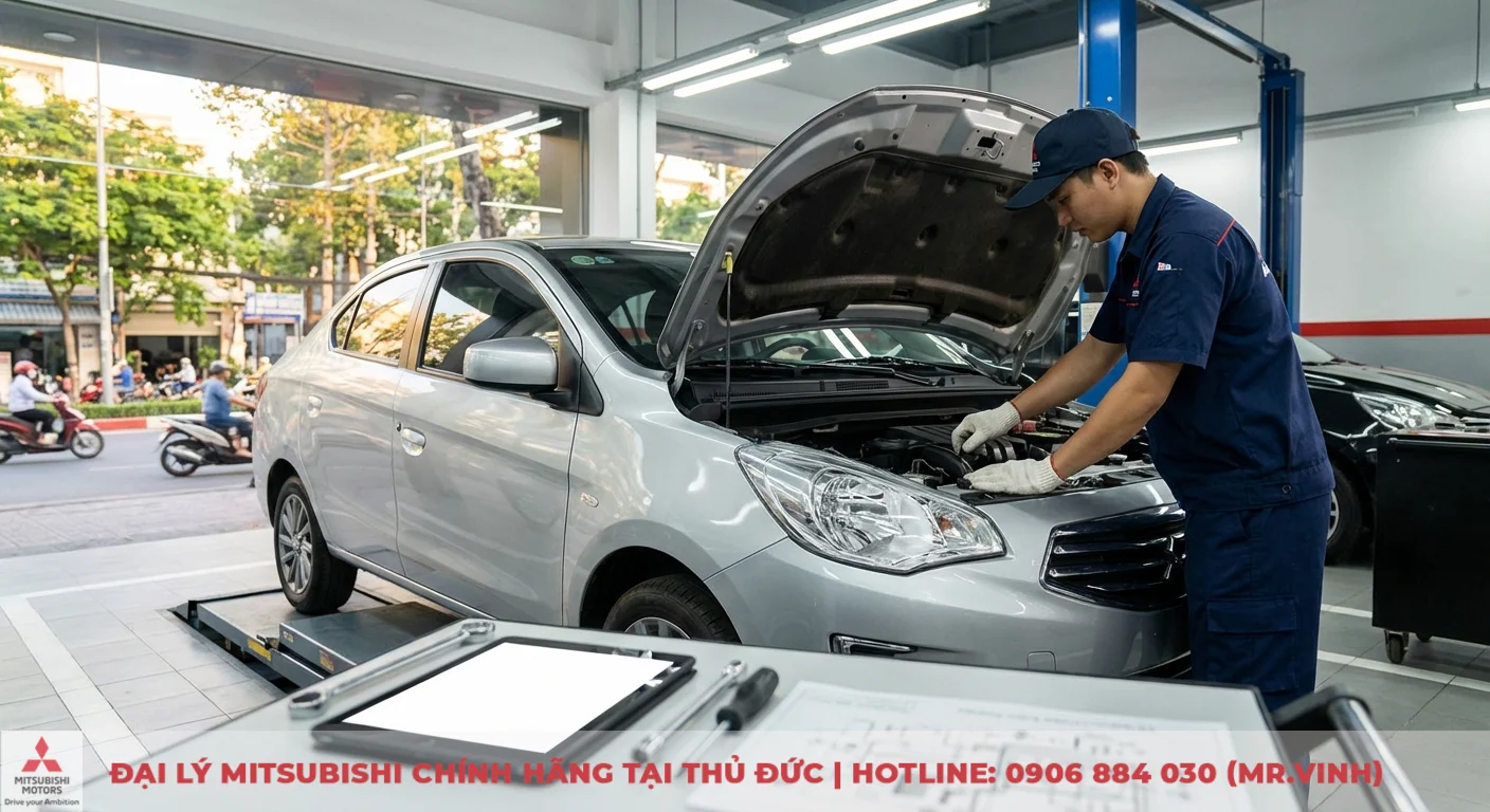 FAQ Attrage 2026: Giá bao nhiêu, lăn bánh, trả góp và khuyến mãi 4 Kỹ thuật viên kiểm tra động cơ Mitsubishi Attrage, đảm bảo thông số kỹ thuật tối ưu vận hành và tiết kiệm nhiên liệu