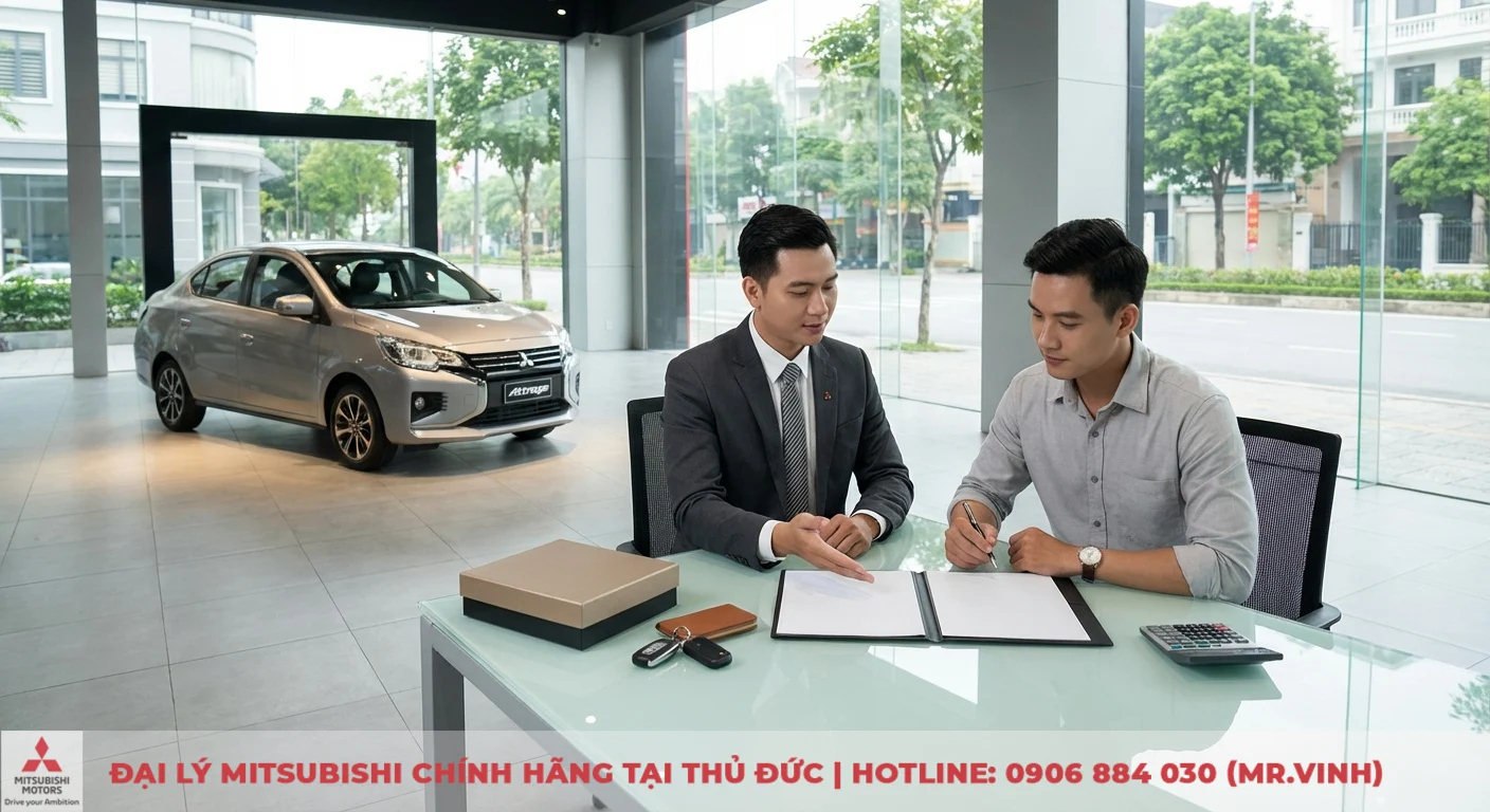 FAQ Attrage 2026: Giá bao nhiêu, lăn bánh, trả góp và khuyến mãi 5 Đại lý Mitsubishi tư vấn khách hàng về khuyến mãi và quy trình mua xe Attrage 2026, có xe Attrage trưng bày