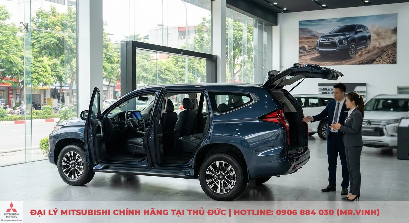 FAQ Mitsubishi Destinator 2026: Giá lăn bánh, trả góp & khuyến mãi 1 SUV Mitsubishi màu xanh đậm trong showroom với cửa và cốp sau mở, nhân viên bán hàng giới thiệu nội thất xe cho khách hàng, phía sau là poster lớn