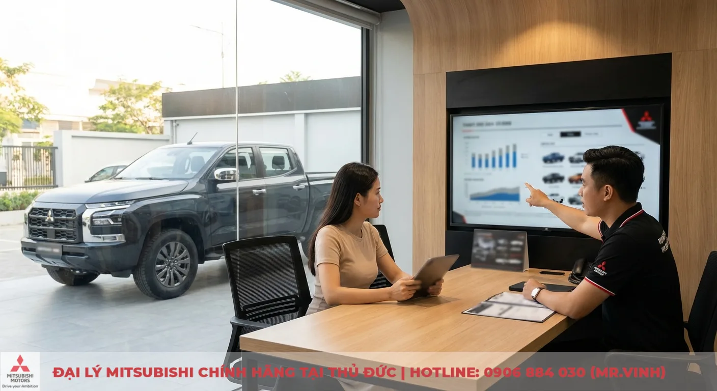 FAQ Mitsubishi Destinator 2026: Giá lăn bánh, trả góp & khuyến mãi 2 Nhân viên tư vấn Mitsubishi chỉ vào màn hình lớn hiển thị giá xe và mẫu xe, khách hàng xem tablet, xe bán tải Mitsubishi Destinator đậu ngoài cửa sổ
