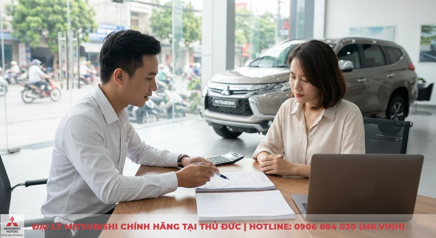 FAQ Mitsubishi Destinator 2026: Giá lăn bánh, trả góp & khuyến mãi 3 Nhân viên Mitsubishi và khách hàng nữ xem xét giấy tờ, máy tính cùng laptop trên bàn làm việc, trong showroom ô tô