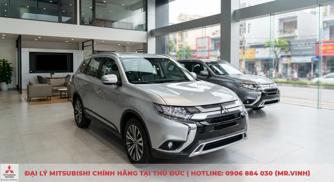 FAQ Mitsubishi Destinator 2026: Giá lăn bánh, trả góp & khuyến mãi 4 Hai xe SUV Mitsubishi màu bạc và xám trong showroom ô tô hiện đại, có khu vực tiếp khách và cửa kính lớn nhìn ra ngoài