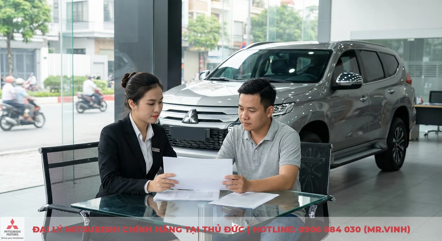 FAQ Mitsubishi Destinator 2026: Giá lăn bánh, trả góp & khuyến mãi 6 Một nhân viên nữ và khách hàng nam ngồi bàn kính xem tài liệu tại đại lý xe, phía sau là SUV Mitsubishi màu xám