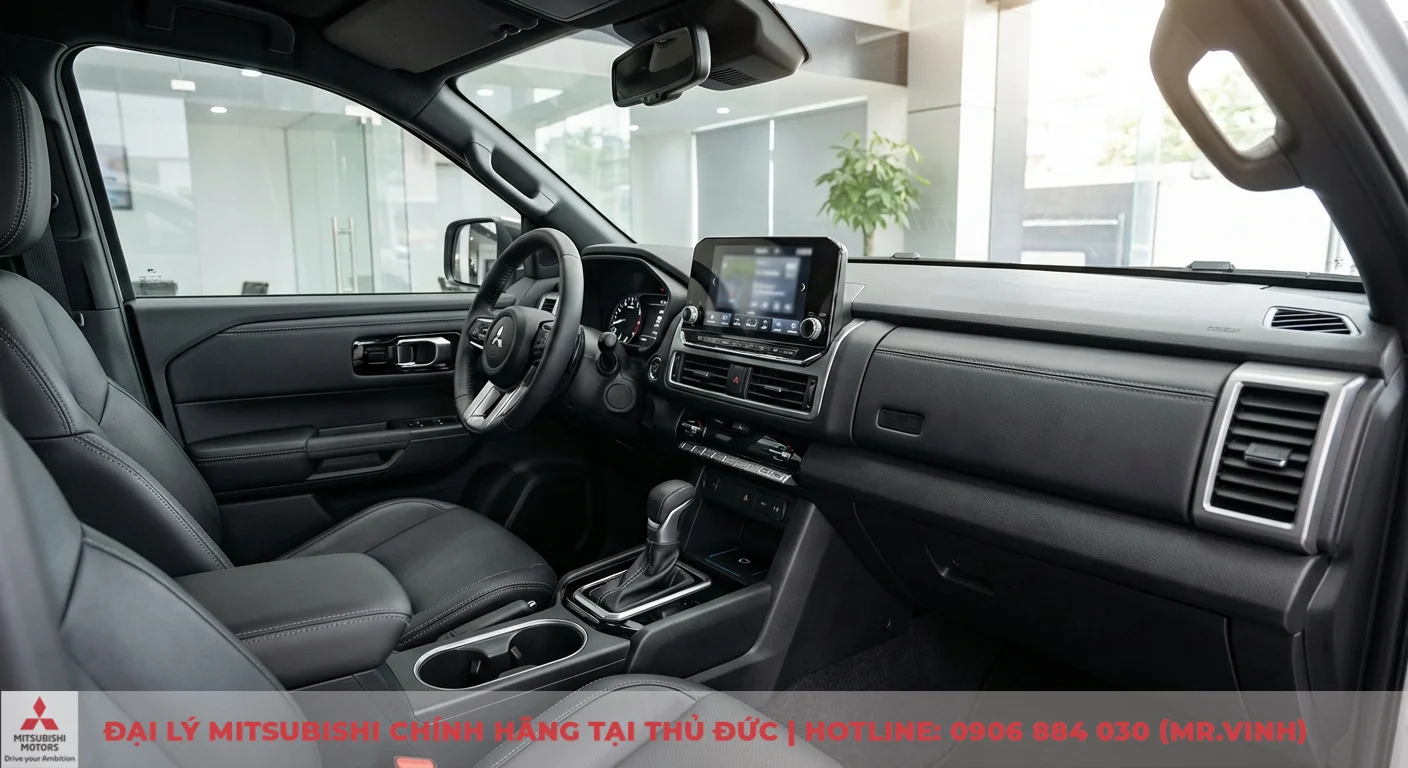 Nội thất xe Mitsubishi Triton hiện đại với ghế da đen, bảng điều khiển trung t&acirc;m, đồng hồ kỹ thuật số v&agrave; m&agrave;n h&igrave;nh th&ocirc;ng tin giải tr&iacute; lớn