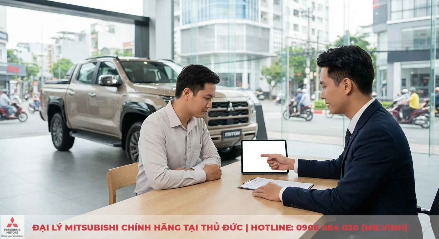 Hai người đ&agrave;n &ocirc;ng đang thảo luận tại b&agrave;n trong showroom &ocirc; t&ocirc; với chiếc b&aacute;n tải Mitsubishi Triton m&agrave;u be ph&iacute;a sau, người b&aacute;n h&agrave;ng chỉ v&agrave;o m&aacute;y t&iacute;nh bảng