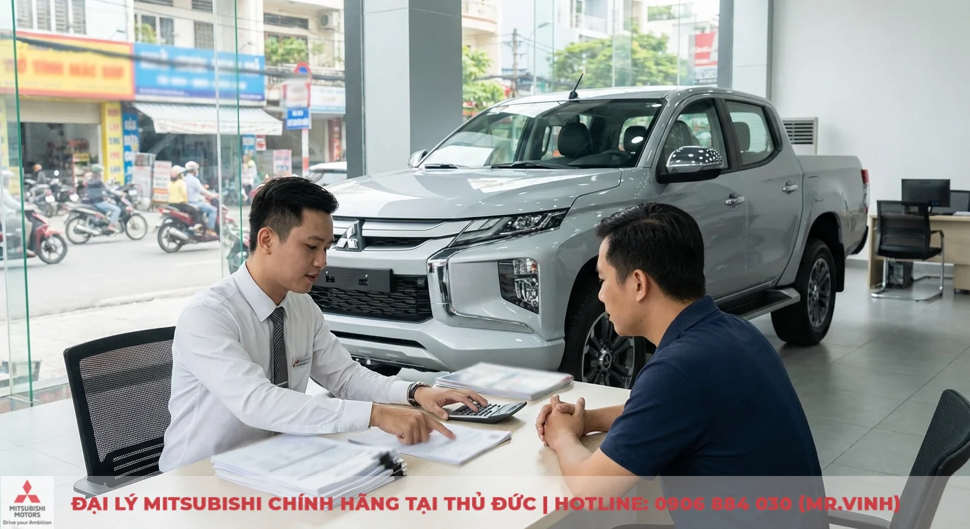 Hai người đ&agrave;n &ocirc;ng tại b&agrave;n l&agrave;m việc trong showroom &ocirc; t&ocirc;, một nh&acirc;n vi&ecirc;n b&aacute;n h&agrave;ng chỉ giấy tờ v&agrave; m&aacute;y t&iacute;nh cho kh&aacute;ch h&agrave;ng, ph&iacute;a sau l&agrave; xe b&aacute;n tải Mitsubishi Triton m&agrave;u bạc v&agrave; đường phố đ&ocirc;ng đ&uacute;c