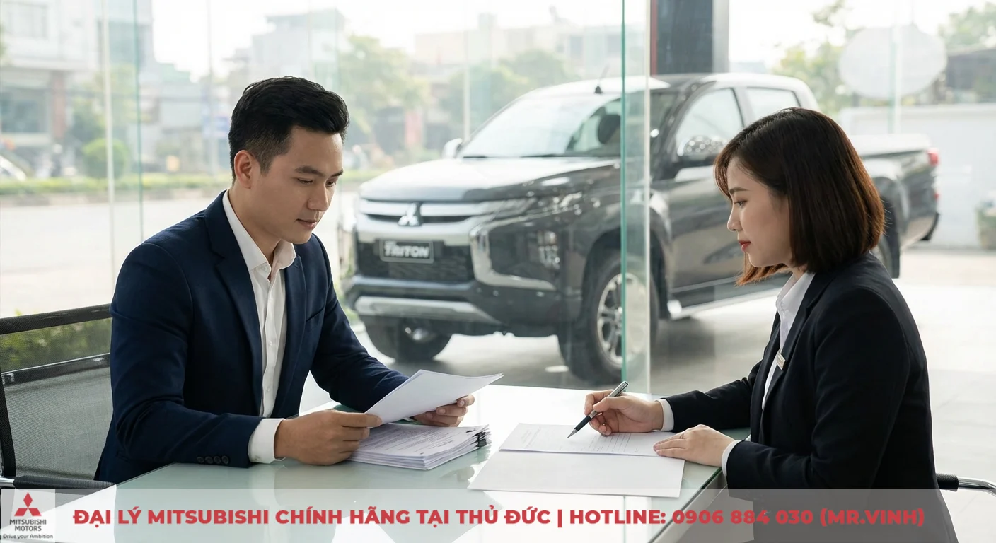Người đ&agrave;n &ocirc;ng v&agrave; phụ nữ mặc vest ngồi b&agrave;n l&agrave;m thủ tục, ph&iacute;a sau l&agrave; xe b&aacute;n tải Mitsubishi Triton trong showroom
