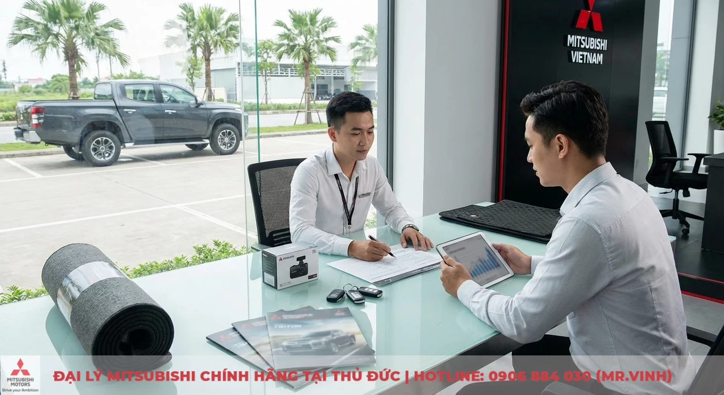 Hai người đ&agrave;n &ocirc;ng thảo luận tại b&agrave;n trong đại l&yacute; Mitsubishi với xe Triton ngo&agrave;i cửa sổ, c&oacute; thảm l&oacute;t s&agrave;n v&agrave; camera h&agrave;nh tr&igrave;nh tr&ecirc;n b&agrave;n