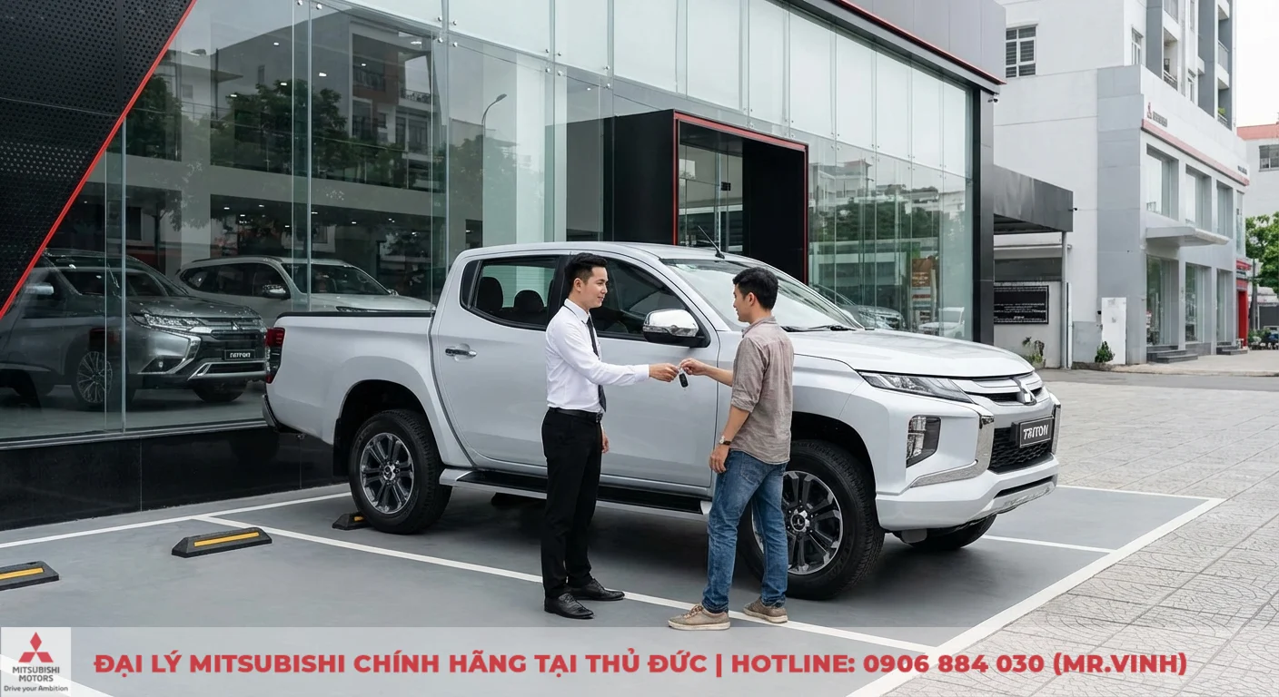 Hai người đ&agrave;n &ocirc;ng trao ch&igrave;a kh&oacute;a xe b&aacute;n tải Mitsubishi Triton m&agrave;u bạc tại b&atilde;i đỗ của đại l&yacute;, với showroom k&iacute;nh ph&iacute;a sau